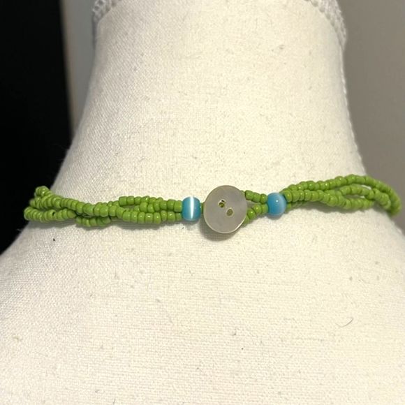 3 Strands Green Seed Beads Abalone Shell Pendant Statement Necklace - Picture 4 of 7